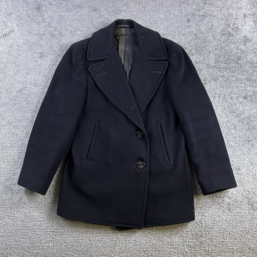 Vintage 80s Navy Wool Pea Coat Double Breasted Anchor Buttons Bates HH Stencil